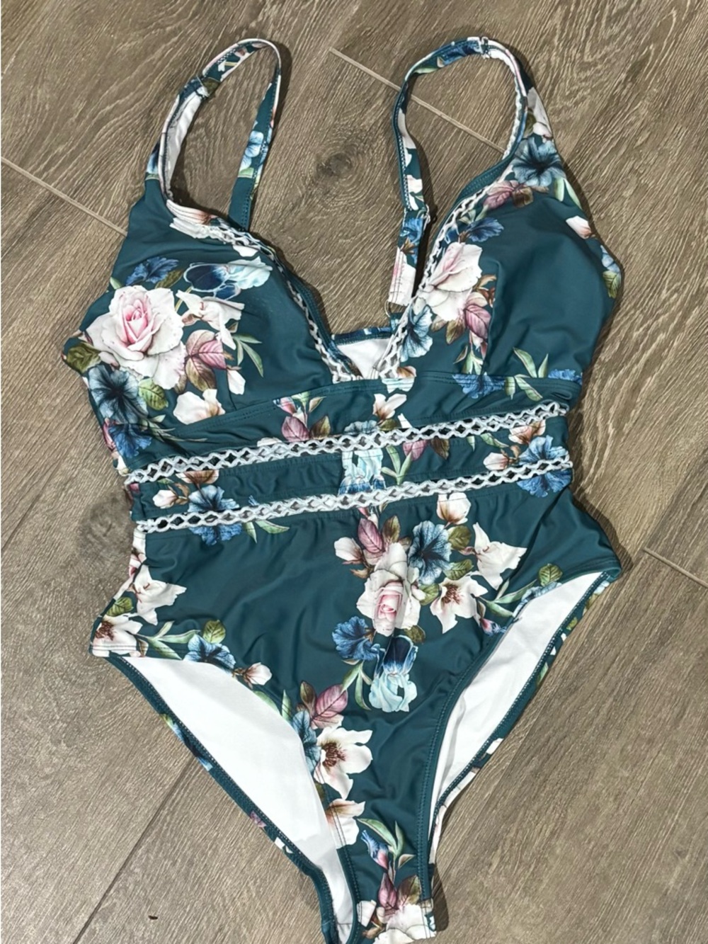 Cupshe Teal Floral Lace-Detail One-Piece Swimsuit